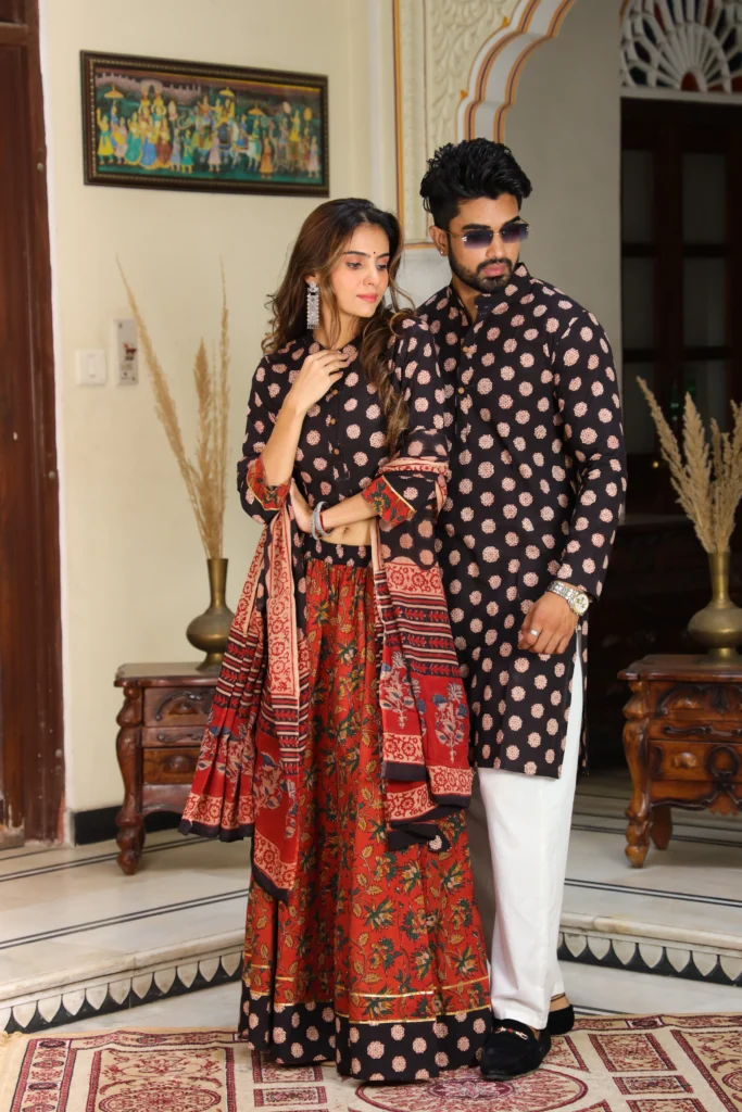 red-black lehenga choli couple front view