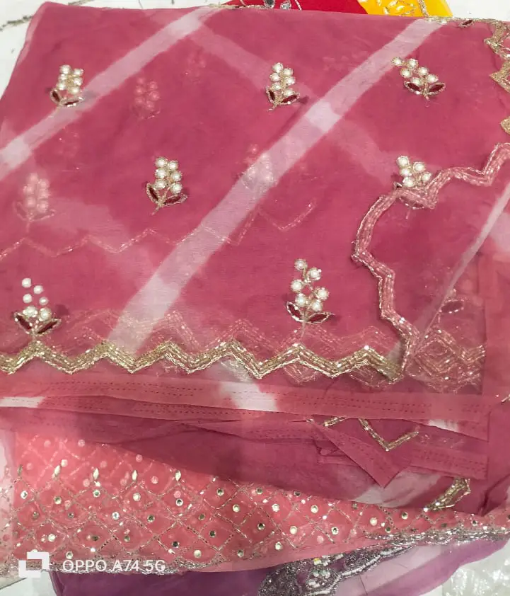 pink organza saree with embroidary work